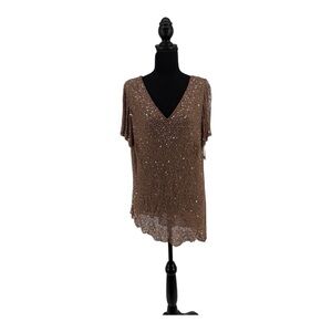 Adrianna Papell Boutique 1X Silk Beaded Sequin Blouse Sparkling Stars Golden NWT